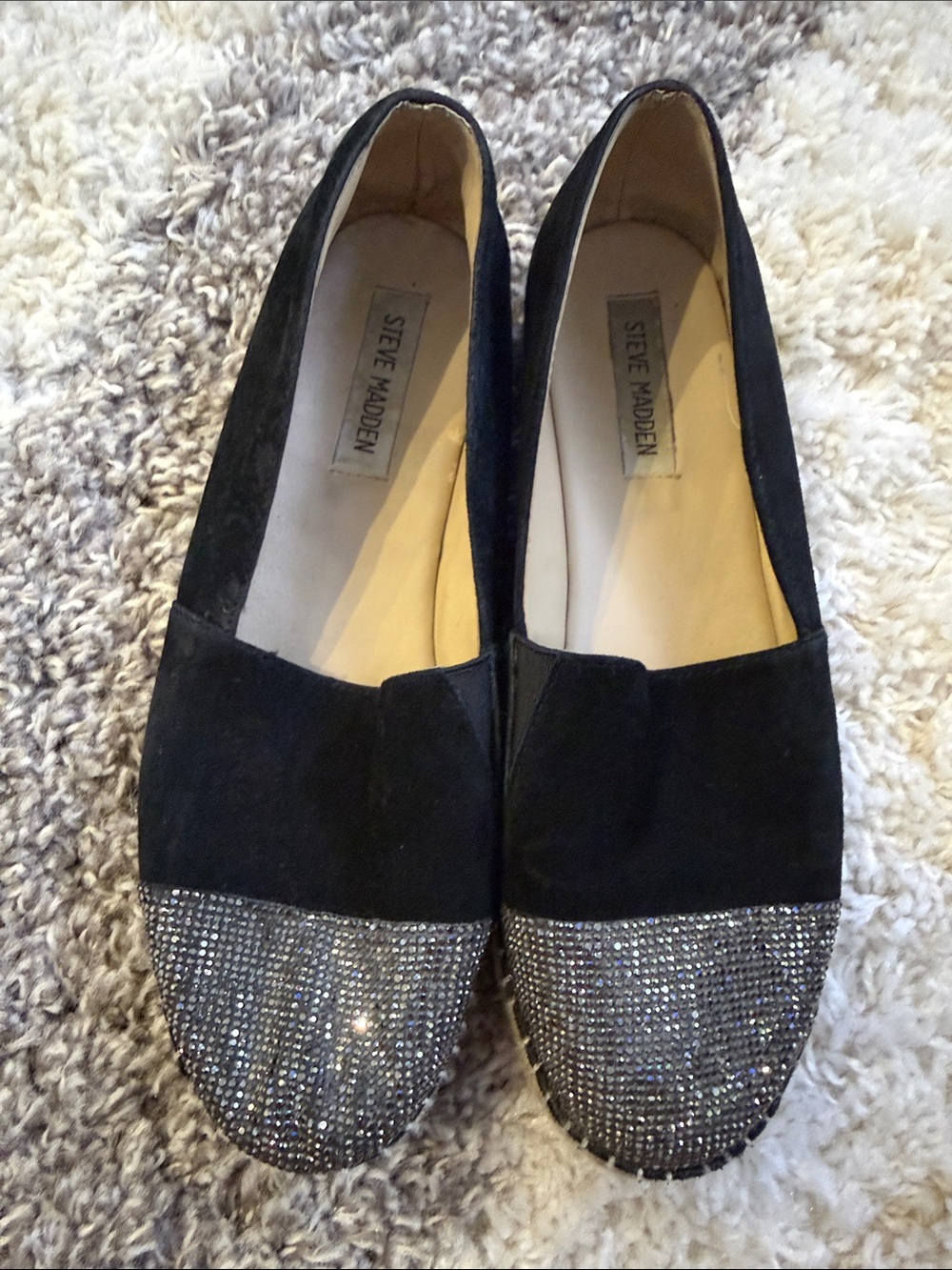 Steve Madden Black Suede Flats with Sparkling Silver Crystal Toe